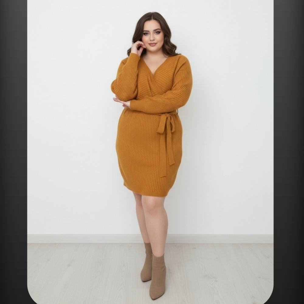 Fashion Nova Mustard V-Neck Sweater Dress - Picture 2 of 7